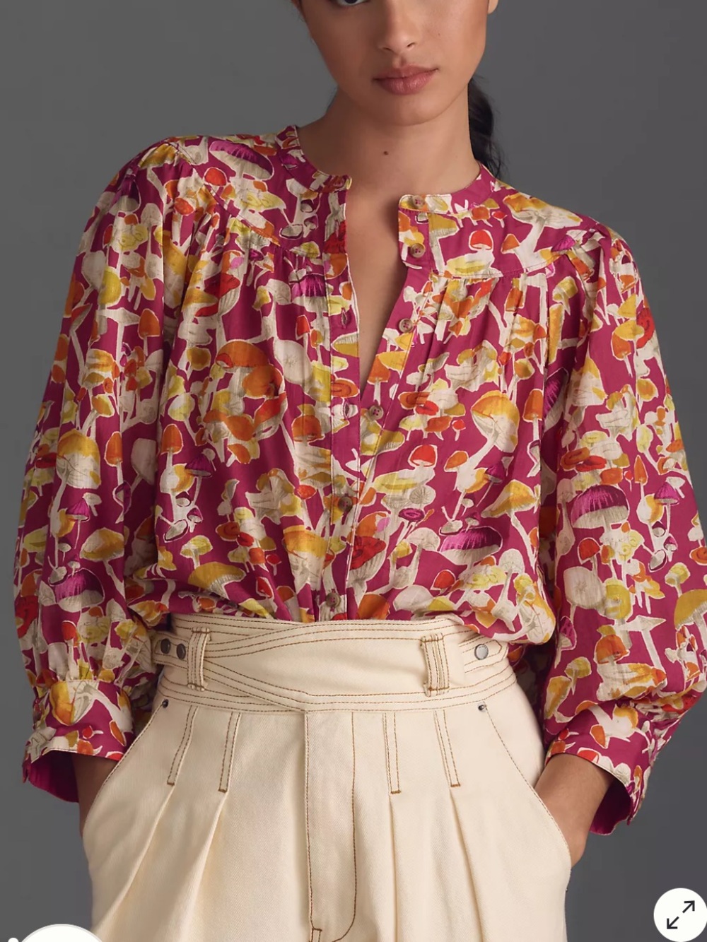 Maeve Magenta Mushroom Print Puff Sleeve Button Front Top Size Medium